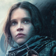 Jyn Erso stands in front of the Death Star and Darth Vader in an illustration for Rogue One: A Star Wars Story.
